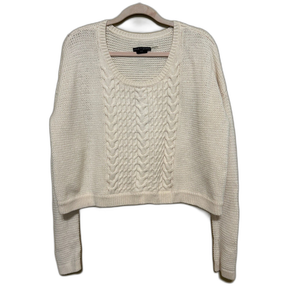 Alice + Olivia 100% Wool Sweater Womens Large Cream Cable Knit Oversized Cropped